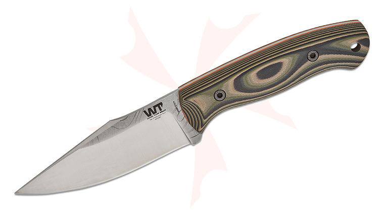 Work Tuff Gear Russo Hunter Fixed Blade Knife 4.5 inch Bohler N690 Topographic Harpoon Blade, Jungle Camo G10 Handles, Kydex Sheath
