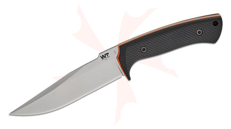 Work Tuff Gear Steadfast Fixed Blade Knife 5.5 inch K329 Satin Clip Point Blade, Milled Black G10 Handles with Orange Liners, Kydex Sheath