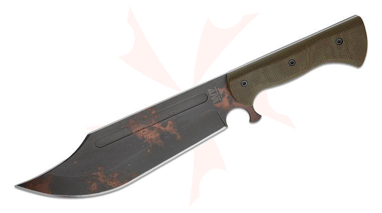 Work Tuff Gear V44X Gen 3 Bowie Fixed Blade Knife 10 inch SK85 Copper Washed Clip Point Blade, OD Green Burlap Micarta Handles, Black Kydex Sheath