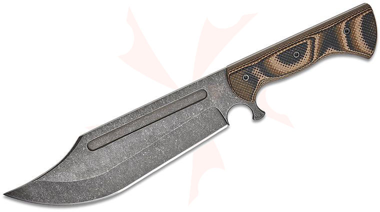 Work Tuff Gear V44X Gen 3 Bowie Fixed Blade Knife 10 inch SK85 Dark Stonewashed Clip Point Blade, Pit Viper Camo Gator Grip G10 Handles, OD Green Kydex Sheath