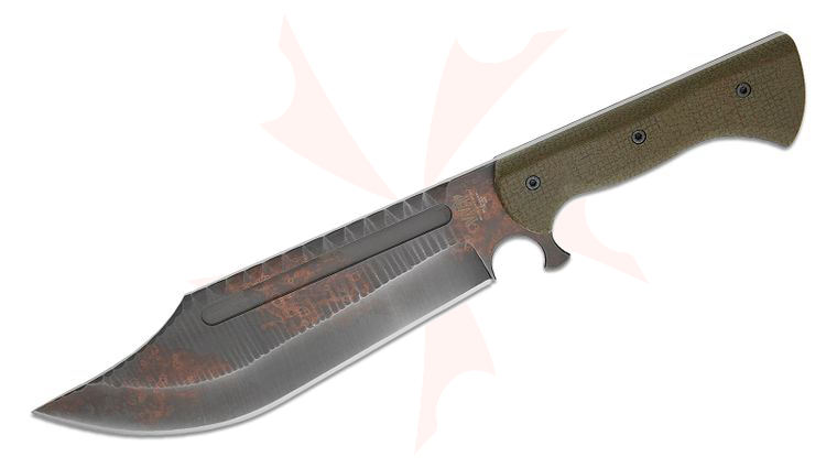 Work Tuff Gear V44X Gen 3 Bowie Fixed Blade Knife 10 inch SK85 Rugged Copper Washed Clip Point Blade, OD Green Burlap Micarta Handles, Black Kydex Sheath