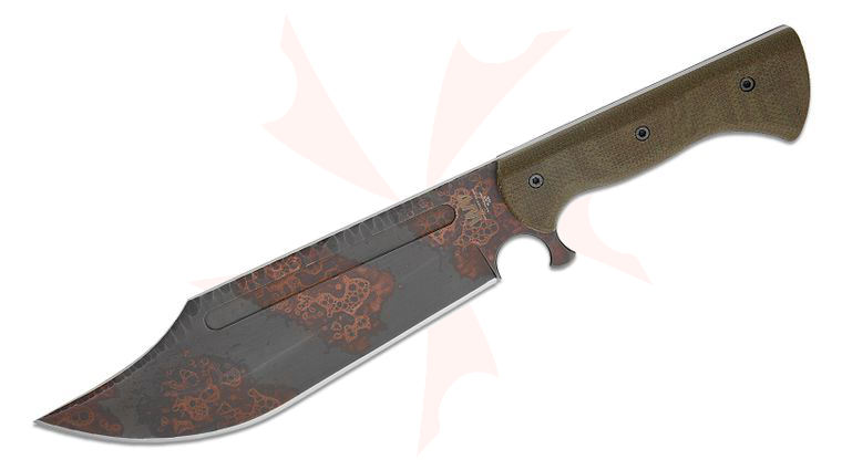 Work Tuff Gear V44X Gen 3 Bowie Fixed Blade Knife 10 inch SK85 Rugged Copper Washed Clip Point Blade, OD Green Burlap Micarta Handles, OD Green Kydex Sheath