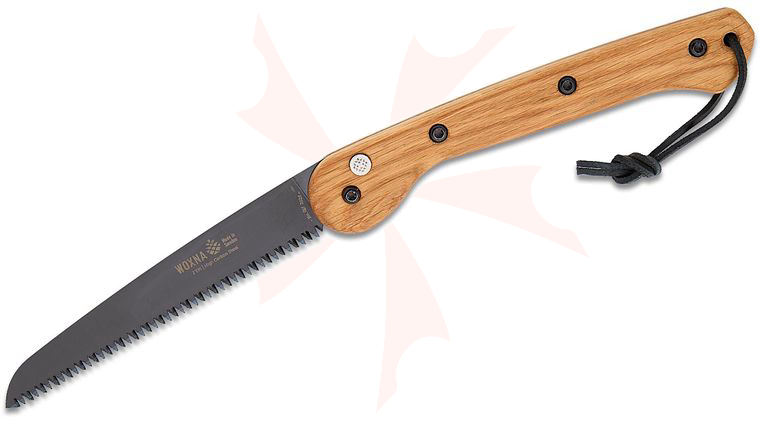 Woxna Halsing Button Lock Folding Saw, 7 inch Black Oxide Carbon Steel Blade, Oak Wood Handle, Leather Lanyard