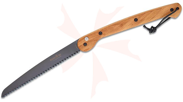 Woxna Halsing Button Lock Folding Saw, 10 inch Black Oxide Carbon Steel Blade, Oak Wood Handle, Leather Lanyard