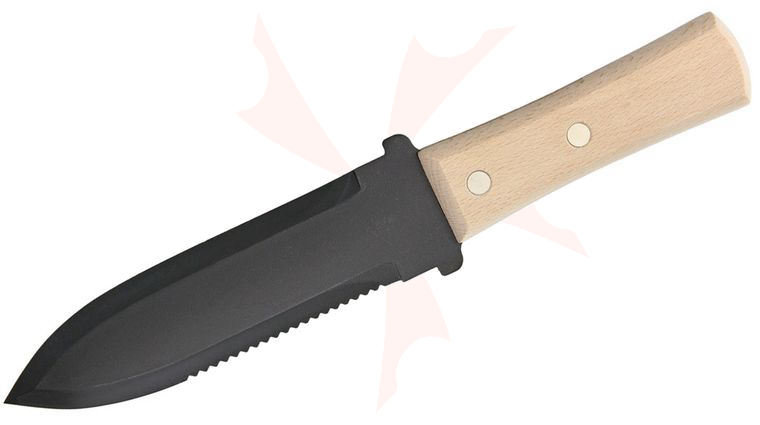 Bonsai Hori Hori Garden Knife Fixed 6.6 inch Black Blade, Wood Handles, Leatherette Sheath