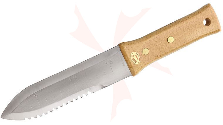 Bonsai Hori Hori Garden Knife Fixed 6.6 inch Stainless Satin Blade, Wood Handles, Leatherette Sheath