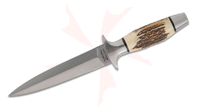 Vintage Takao Fukuta Valor Commando Fixed Blade Boot Knife 5 inch 440 Satin Double Edge Dagger Blade, Stag Horn Handle, Kydex Sheath