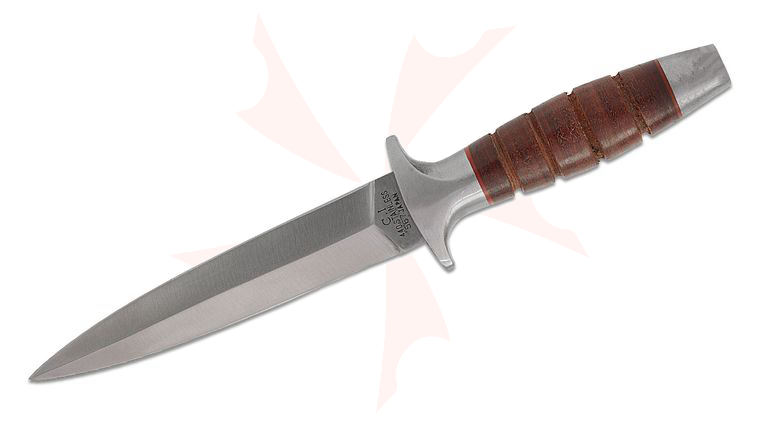 Vintage Takao Fukuta C.I. Commando Fixed Blade Boot Knife 5 inch 440 Satin Double Edge Dagger Blade, Stacked Leather Handle, Kydex Sheath