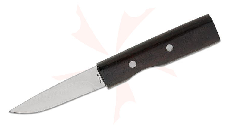 Vintage Fumio Inagaki Fixed Blade Knife 2.625 inch Powdered Damascus Drop Point Blade, Black Wood Handles, Leather Sheath