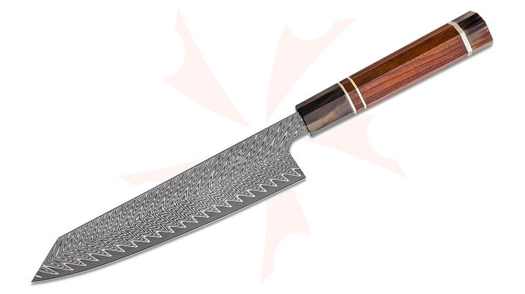 Xin Cutlery XinCraft Chef's Knife 8 inch Acid Etched VG-10 Core Damascus Blade, Rosewood Handle w/ White Buffalo Horn Bolster and Nickel Silver