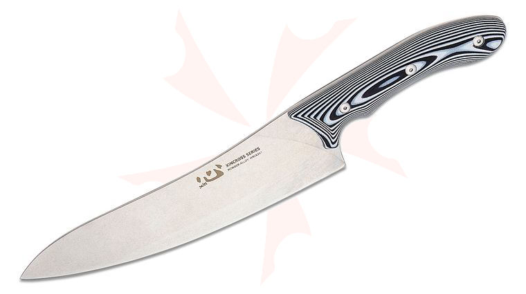 Xin Cutlery XinCross Chef's Knife 8.3 inch Stonewashed Powder Alloy Blade, Black and White G10 Handles, Black Leather Sheath