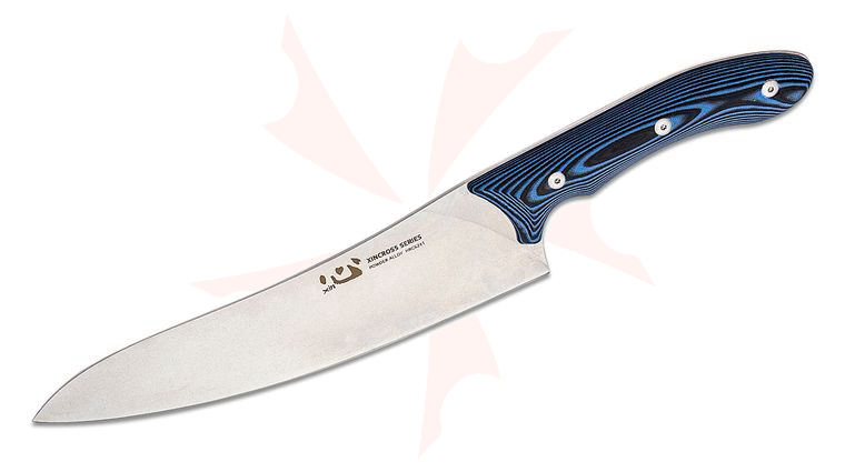 Xin Cutlery XinCross Chef's Knife 8.3 inch Stonewashed Powder Alloy Blade, Black and Blue G10 Handles, Black Leather Sheath