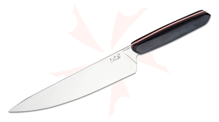 Xin Cutlery XinCore Ostap Hel Chef's Knife 8.5 inch Satin Sandvik 14C28N Blade, Black G10 Handles with Red G10 Liners, Black Blade Guard