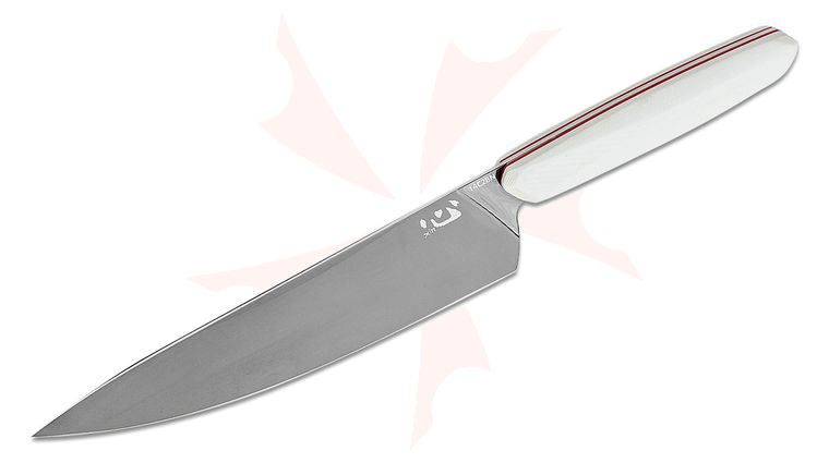 Xin Cutlery XinCore Ostap Hel Chef's Knife 8.5 inch Black Ti-Nitride Sandvik 14C28N Blade, White G10 Handles with Red G10 Liners, Black Blade Guard