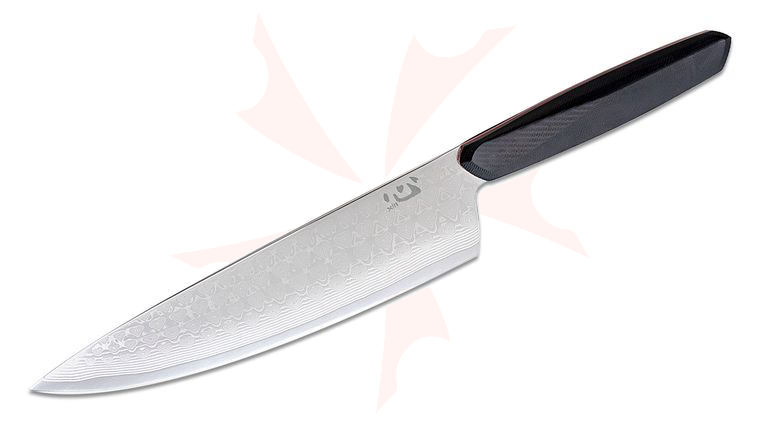 Xin Cutlery XinCore Ostap Hel Chef's Knife 8.5 inch Mirror Polished  inchHeart Pattern inch VG10 Core Damascus Blade, Black G10 Handles with Red G10 Liners, Black Blade Guard
