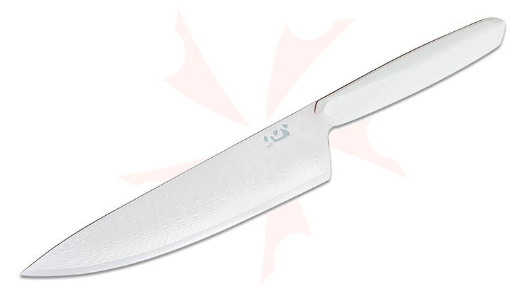 Xin Cutlery XinCore Ostap Hel Chef's Knife 8.5 inch Mirror Polished  inchHeart Pattern inch VG10 Core Damascus Blade, White G10 Handles with Red G10 Liners, Black Blade Guard