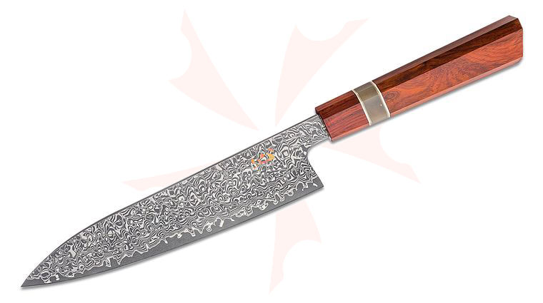 Xin Cutlery XinCraft Chef's Knife 9 inch Acid Etched VG-10 Core Damascus Blade, Octagonal Rosewood and White Buffalo Horn Handle
