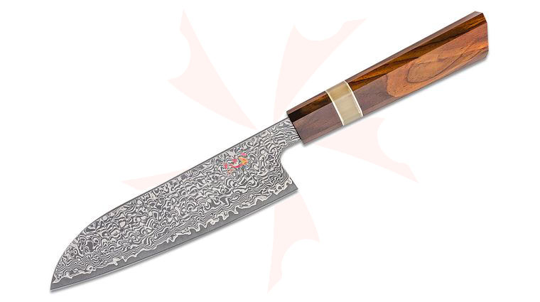 Xin Cutlery XinCraft Santoku Knife 7.6 inch Acid Etched VG-10 Core Damascus Blade, Rosewood Handle w/ White Buffalo Horn Bolster and Nickel Silver