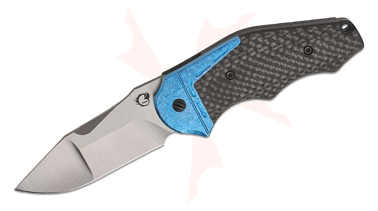 YAN Knives GTC Cabot SLT Flipper Knife 3 inch CPM-S90V Satin Compound Clip Point Blade, Carbon Fiber Handles with Blue Crystallized Titanium Accents