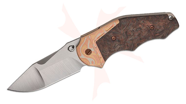 YAN Knives GTC Cabot SLT Flipper Knife 3 inch CPM-S90V Satin Compound Clip Point Blade, Dark Matter Copper FatCarbon Handles with Mokume Accents, Zircuti Clip