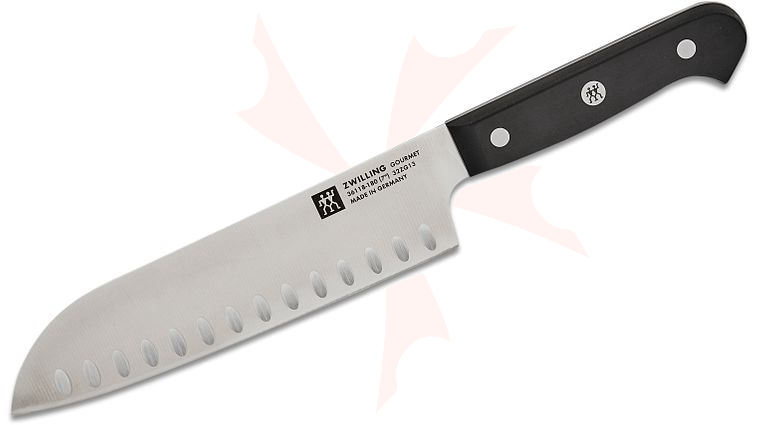 Zwilling J.A. Henckels Gourmet 7 inch Santoku Knife with Hollow Edge, Black POM Handles