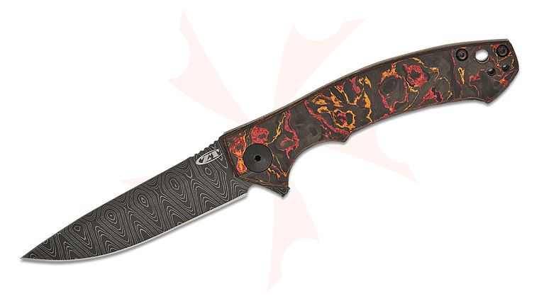 Zero Tolerance 0450CFDAMS Dmitry Sinkevich Frame Lock Flipper 3.25 inch VF Damascus Drop Point Blade, Red/Orange Multi Marbled Carbon Fiber and Titanium Handles