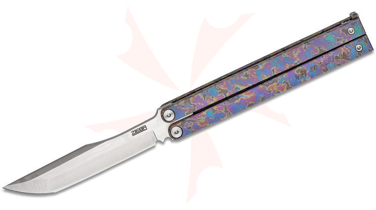 Michael Zieba Custom Joker Balisong Butterfly Knife 3.875 inch M390 Satin Blade, Rainbow Anodized Titanium Handles, Silver Joker Spacers
