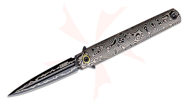 Michael Zieba Six Dagger Flipper Knife 3.05 inch MagnaCut Black DLC Blade and Contoured Titanium Handles with Dream Laser Etching - KnifeCenter Exclusive
