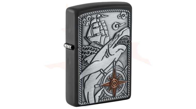 Zippo Lighter Black Matte, Ship Shark Emblem - KnifeCenter - 48120