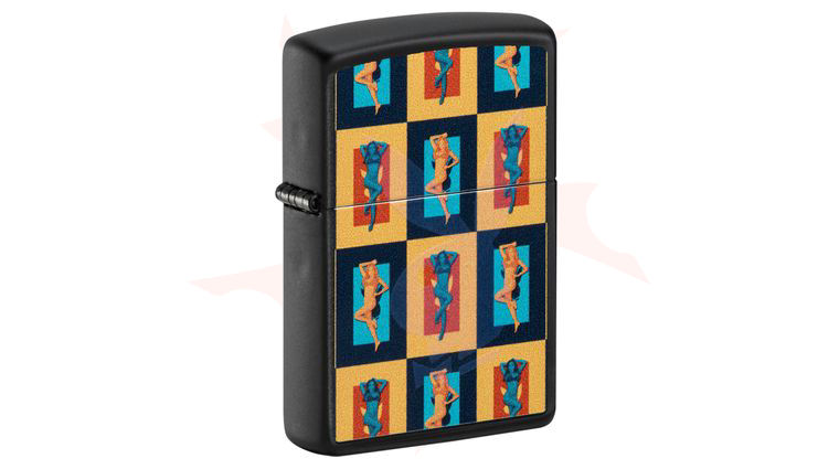 Zippo Lighter Black Matte, Playboy Pinup Art with Black Light Logo