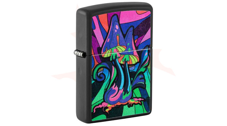 Zippo Lighter Black Matte, Black Light Trippy Mushroom