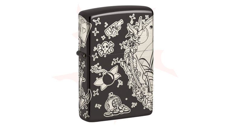 Zippo Lighter High Polish Black, Lasered Pirate's Treasure