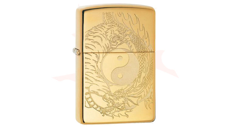 Zippo Lighter High Polish Brass, Lustre Etch, Tiger and Dragon Yin-Yang