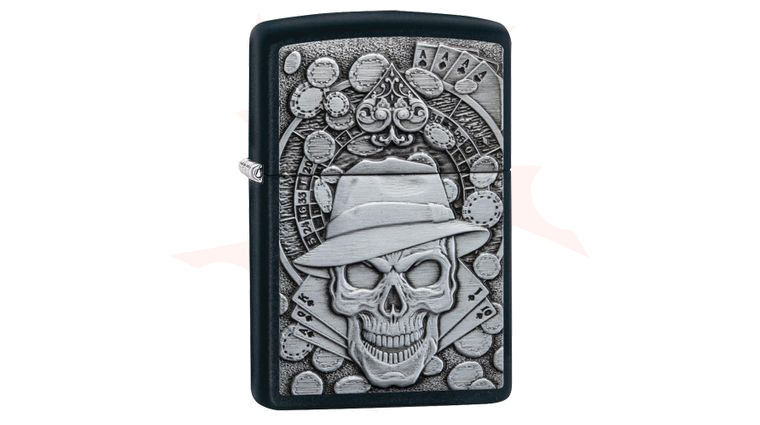 Zippo Lighter Black Matte, Gambler Skull Emblem - KnifeCenter