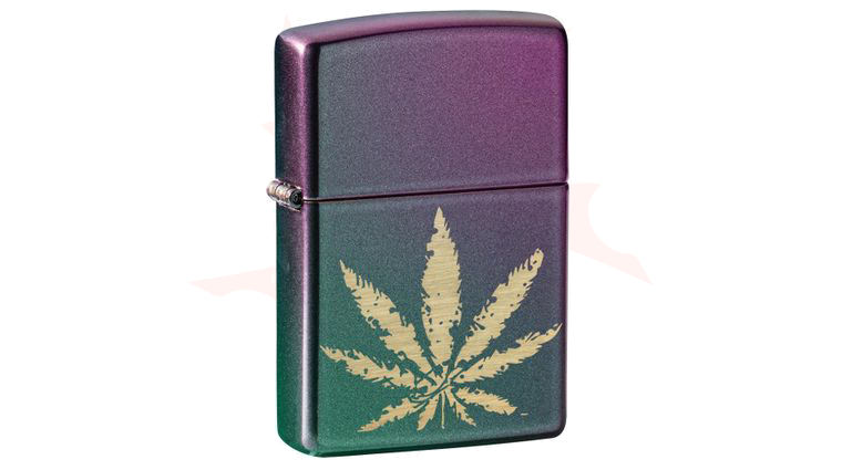 Zippo Lighter Iridescent, Laser Engraved Marijuana Leaf
