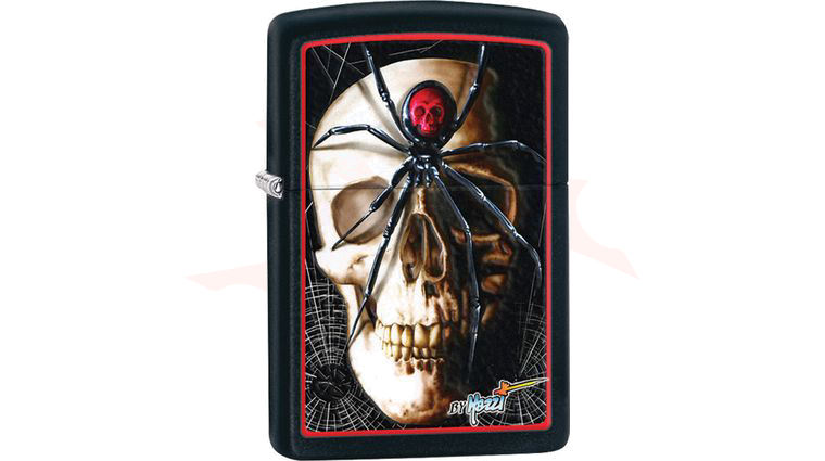 Zippo Mazzi Black Widow Skull, Black Matte Classic - KnifeCenter