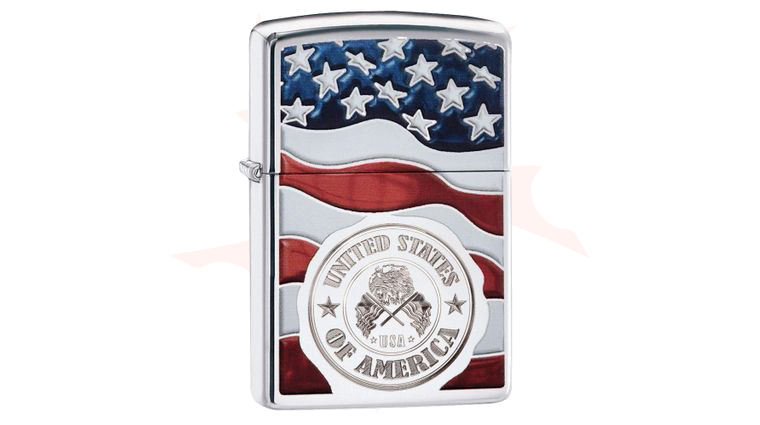Zippo Lighter High Polish Chrome, US Flag with Engraved Seal
