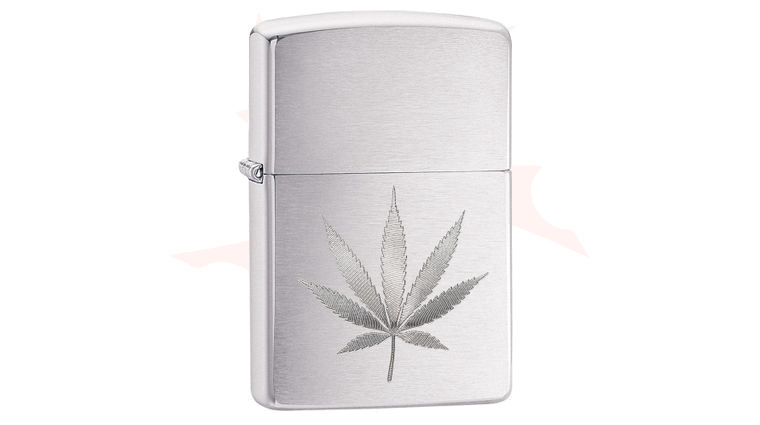 Zippo Lighter Brushed Chrome, Engraved Marijuana Leaf