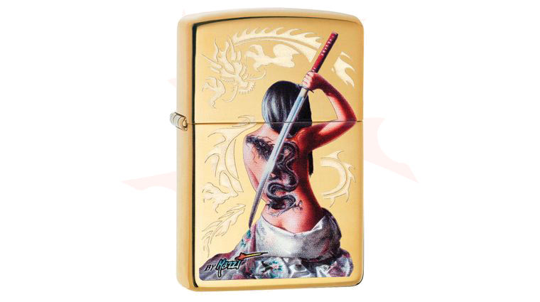 Zippo Lighter High Polish Brass, Lustre Etch Mazzi Dragon Girl