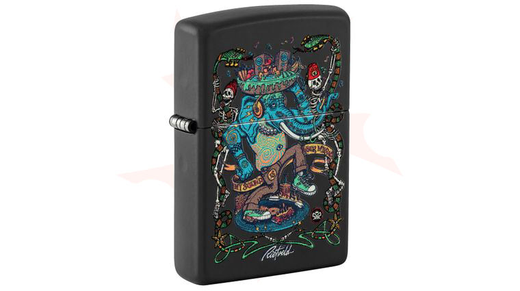 Zippo Lighter Black Matte, Rick Rietveld Groovy Elephant Black Light Design
