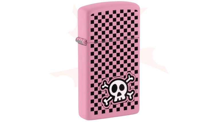 Zippo Lighter Slim Pink Matte, Checkered Skull