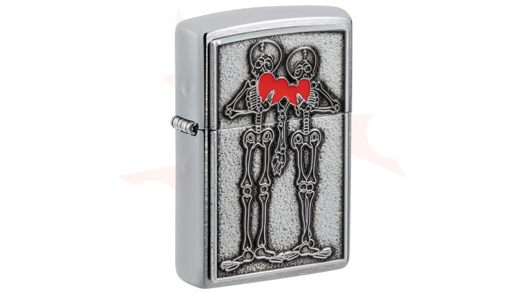 Zippo Lighter Brushed Chrome, Skeleton Couple Emblem - KnifeCenter