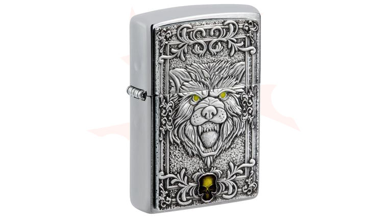 Zippo Lighter Brushed Chrome, Wolf Emblem Design